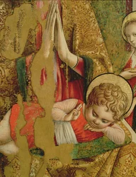 Madonna and Child, detalhe do Menino Jesus, do painel central do segundo tríptico da têmpera Valle Castellamo no painel de detalhes de 76632