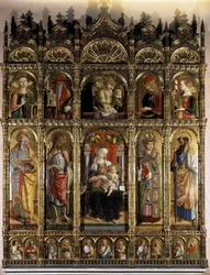 Polyptyc mostrando uma Pieta, e o partido inferior uma Madonna com Criança