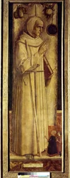 Santiago de la Marche (1394-1476) e dois doadores ajoelhados (às vezes diz São Bernardino de Siena erroneamente). Pintura de Carlo Crivelli (1435-1495)