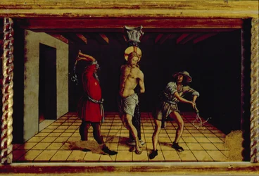 A Flagelação de Cristo, painel predella central direito do políptico San Silvestro, 1468 (têmpera no painel) (ver 76657)
