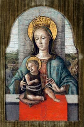 A Virgem e o Menino por Crivelli, Carlo (c. 1435-c. 1495). Têmpera sobre painel, tamanho: 28x18, ca 1455, Cini Foundation, Veneza