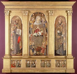 Virgem e Menino com os Santos Bonaventura e Luís de Toulouse, c.1489 (têmpera com ouro e olivas no painel)