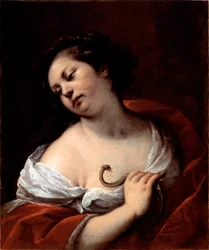 O suicídio de Cleópatra, rainha do Egipto, Cleópatra VII Thea Philopator (69-30 a.C.), pela mordedura de uma serpente áspide. O suicídio de Cleópatra. Pintura de Carlo Francesco Nuvolone (c. 1609-1662)