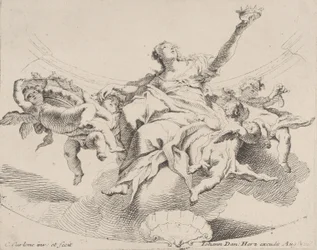 Poder, representado por uma mulher sentada nas nuvens segurando uma coroa e cercada por putti,..., 1725-75.
