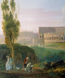 Grupo de personagens, homem a desenhar em frente às ruínas do Coliseu. Pintura de Carlo Labruzzi (1765-1818)