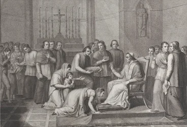 Uma mulher se ajoelha para beijar o pé do Papa Pio VII, com uma multidão atrás dela à esquerda, 1814-50