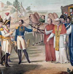 O Papa Pio VII (Pio) (1742-1823) foi preso no seu regresso à Itália pelo exército austro-neapolitano perto de Parma em 25 de Março de 1814 - Gravura de Carlo Lasinio (1759-1838) - Litografia a cores (A prisão do Papa Pio VII (1742-1823) no seu regresso à I