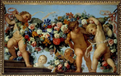 Amor e grinaldas de flores Pintura de Carlo Maratta (1625-1713) Sol do século XVII. 1,06x1,73 m