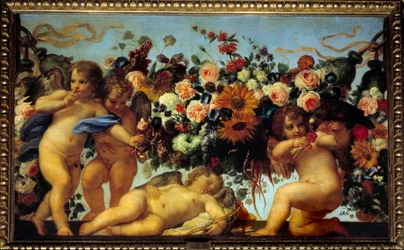 Amor e grinaldas de flores. Um anjo dá bagas a uma ave enquanto outro faz o gesto de se calar para não acordar um terceiro anjo adormecido. Pintura de Carlo Maratta (1625-1713), século XVII, Sun. 1,06x1,73 m