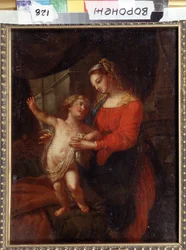 Virgem e Criança. Virgem e Criança. Pintura de Carlo Maratta (1625-1713). Arte italiana, estilo barroco. Óleo sobre tela. Museu de Belas Artes Ivan Kramskoy (ou Kramskoi) em Voronezh, Rússia.