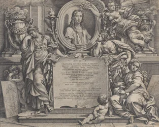 Frontispício com retrato oval de Rafael, com três figuras alegóricas do Suplemento das Artes..., 1675.