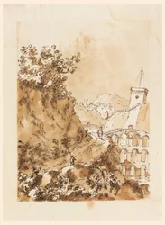 Desenho, Paisagem com cidade de montanha, 1760-80