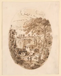 Desenho, Paisagem com cavaleiro e ponte, 1750-1786