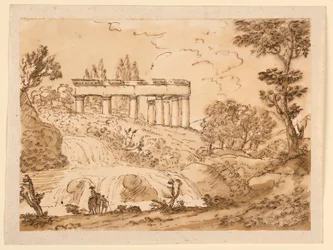 Desenho, Paisagem com ruínas de um templo, 1770-1786