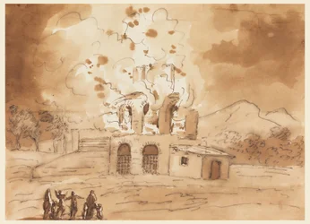 Desenho, paisagem com uma torre em chamas