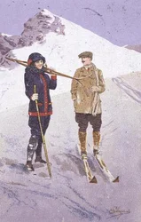Esquiadores na Adelboden (cor litho)
