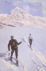Esquiadores no Monte Rose, Suíça (cor litho)