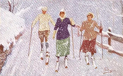 Três Esquiadores em Tempestade de Neve (cor litho)