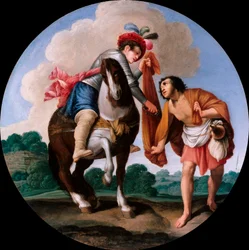 "Saint Martin et un mendiant" (São Martinho e um mendigo) Peinture de Carlo Saraceni (1579-1620), c 1608-1610 - Óleo sobre cobre, Diam 21 cm Staatliche Museen, Berlim