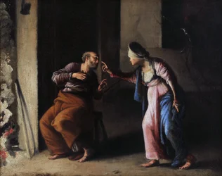 A negação de São Pedro. Pintura de Carlo Saraceni (1579-1620). Óleo sobre tela. Dim: 38x48cm. Musee Granet, Aix en Provence.