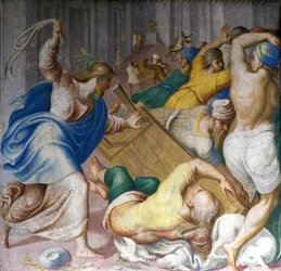 Jesus Cristo expulsa os mercadores aos portões do Templo. Fresco por Carlo Urbino. Milão, S. Maria della Passione.