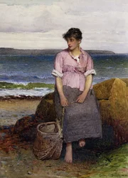 Uma jovem pescadora à beira-mar