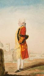 Coronel Morrison Possivelmente no uniforme dos engenheiros reais, uma cidade fortificada por trás, 1768