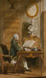 Monsieur de Cormainville em sua biblioteca, escrevendo em sua mesa,