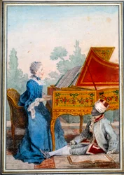 Retrato de Mademoiselle Desgots de Saint Domingue no cravo e seu escravo Laurent Aguarela de Louis Carrogis Carmontelle