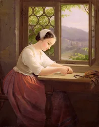 Menina lendo por uma janela aberta