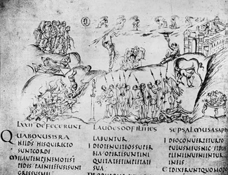 Ilustração de várias cenas de um dos Salmos, do Utrecht Psalter, cópia do original de Reims agora na Biblioteca da Universidade de Utrecht (caneta e tinta)