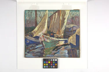 Barcos de pesca no porto (guache sobre papel castanho)