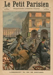 Assassinato do rei Carlos I, rei de Portugal, ilustração de capa de «Le Petit Parisien», suplemento literário ilustrado, 16 de fevereiro de 1908