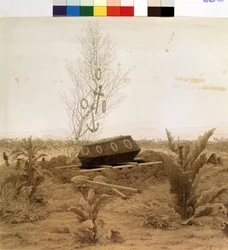 "À beira da cova" Um caixão prestes a ser baixado ao fundo da cova. Desenho de caneta por Caspar David Friedrich (1774-1840) por volta de 1830 Museu Pushkin, Moscou