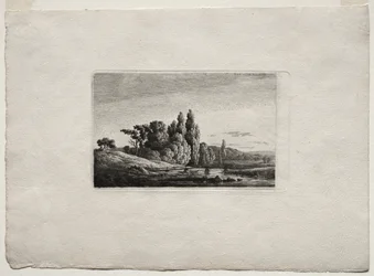 Passadiço com cruz antes das árvores em um rio, c.1803.