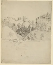 Alemão: Landschaft mit einem Steinbruch Paisagem com uma pedreira