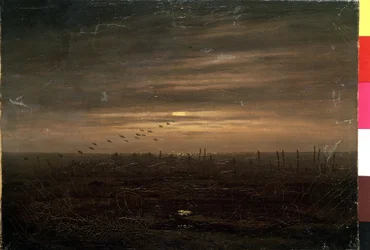 ""As redes de pesca"" (Redes de pesca) Paisagem ao pôr do sol. Pintura de Caspar David Friedrich (1774-1840) Museu Hermitage do século XIX São Petersburgo
