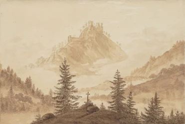Paisagem da montanha com névoa no vale, ca 1805.