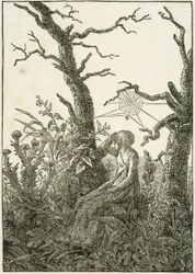 Mulher com teia de aranha entre árvores nuas