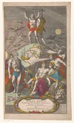 Atlas en Hercules dragen sternerhemel Título da página: Johann Baptista Homan, A New Atlas of the World Empires, Kingdoms and States mostrando tabelas geográficas exatas, 1710