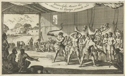 Ritual de transição entre os habitantes nativos da América do Sul Maneira Maravilhosa de Fazer de um índio um Capityn (título no objeto)