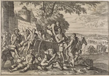 Soldados espanhóis são carregados em carroças e levados, 1641