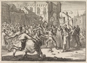 Em Danzig uma procissão é saudada pelo povo com degraus de pedra, 1678