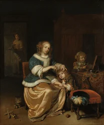 Interior, com, um, mãe, pentear, dela, criança, cabelo, sabido, como, &39;Maternal, Care&39;, 1669