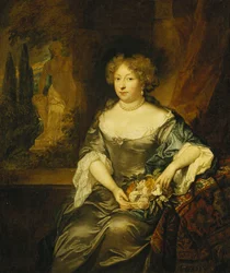 Retrato de uma senhora, sentada de três quartos, usando um vestido cinza de cetim, segurando uma cesta de flores diante de uma janela, uma estátua em um parque além,