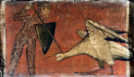 Luta entre um cavaleiro e um guindaste, Painel de tecto