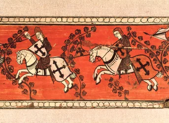 Os cavaleiros trazem bandeiras. Tempera em madeira da decoração de um telhado. Século XIII.