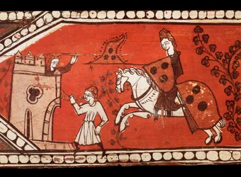 Os cavaleiros levam bandeiras: o cavaleiro, a princesa e a cabana. Tempera em madeira da decoração de um telhado. Século XIII.