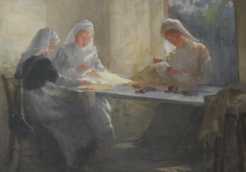 Kensington War Hospital Depot (Kensington Square), três enfermeiras sentado em uma mesa de costura, c.1916 (óleo sobre tela)