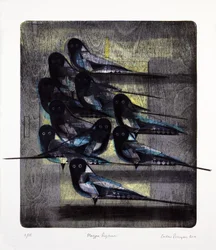 Magpie Rhythm, 2016 (litografia de mokulito com coloração manual)